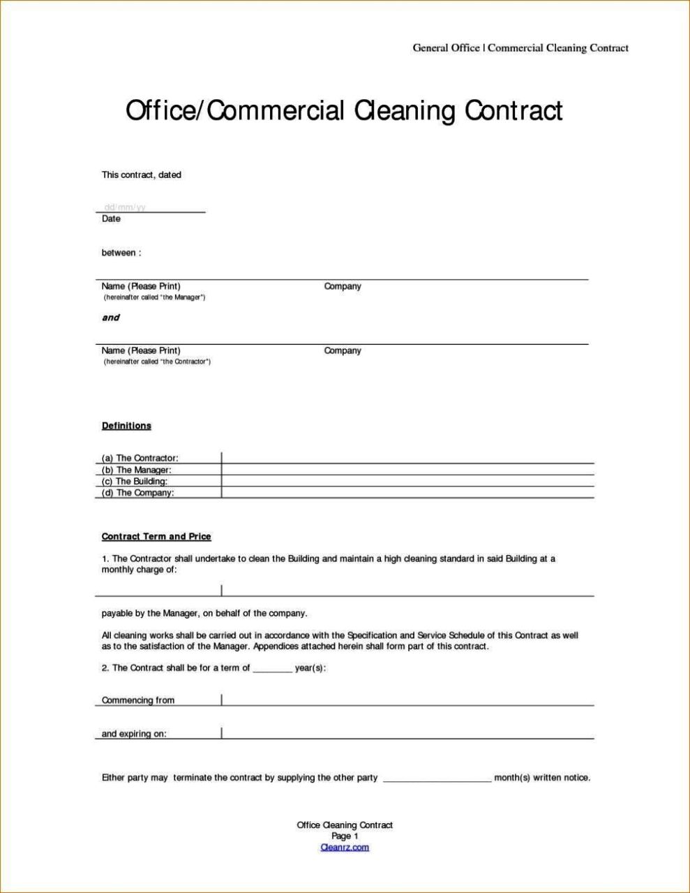 Cleaning Contracts Templates SampleTemplatess SampleTemplatess