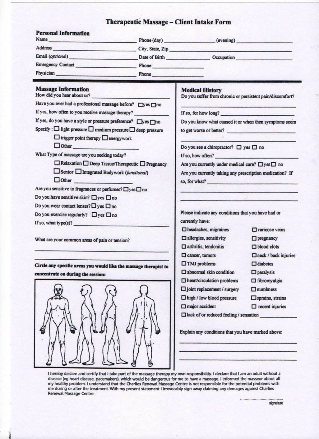 Client Intake Form Massage Therapy Template SampleTemplatess