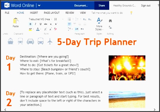 five day trip planner template for word online