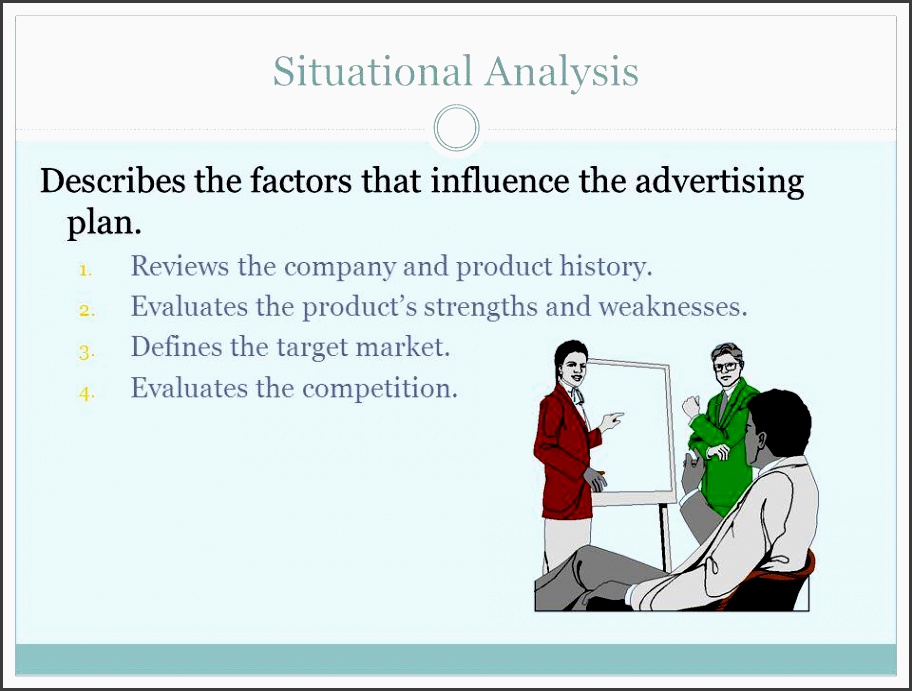 situational analysis describes the factors that influence the advertising plan reviews the pany and product