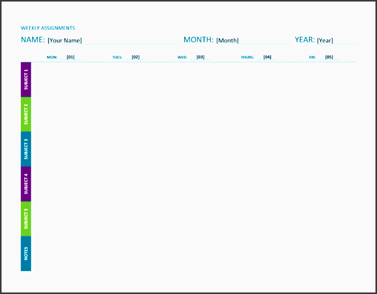 weekly assignment sheet color landscape