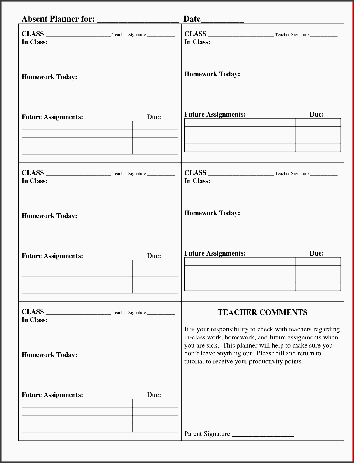 student assignment planner template