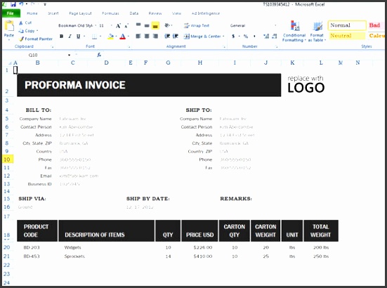 proforma invoice template for excel 2013