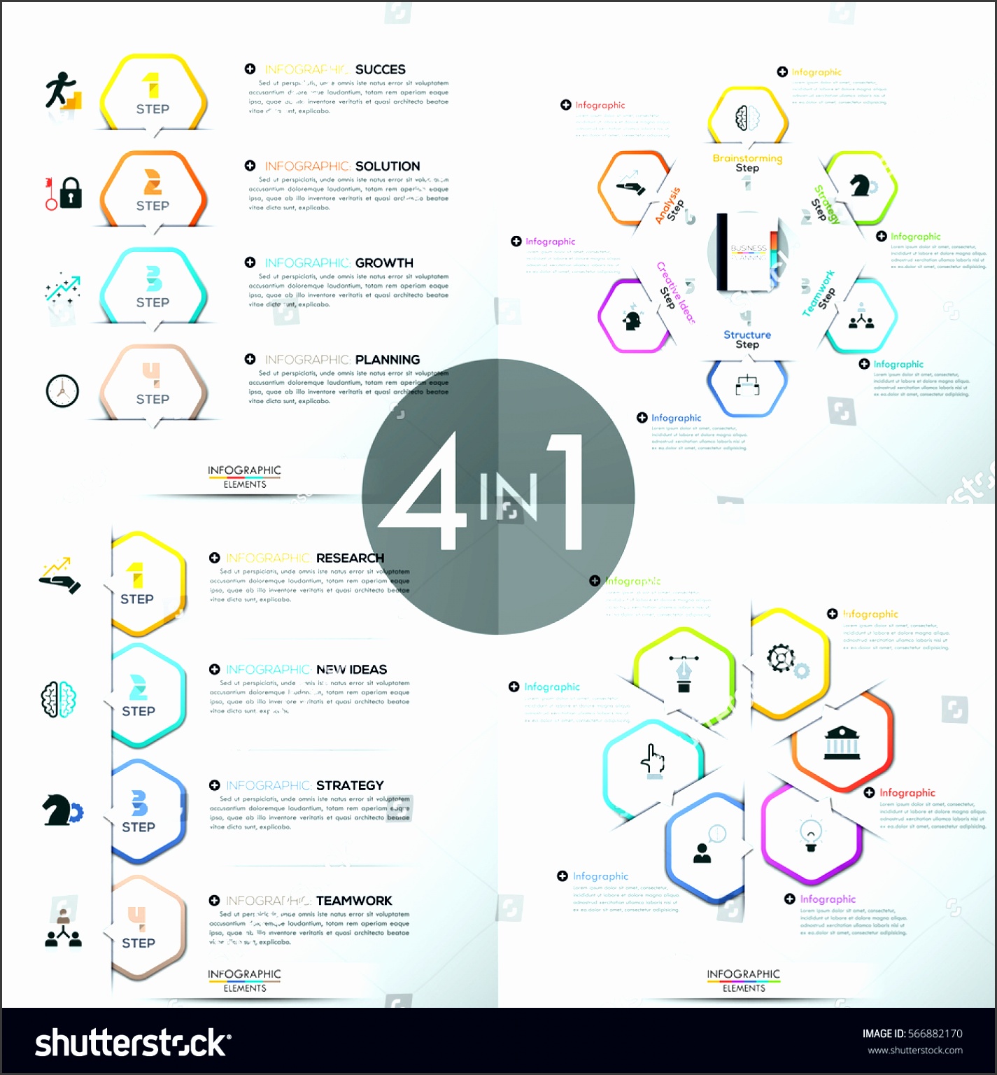set of 4 infographic design templates four diagrams with white paper polygonal bookmarks icons