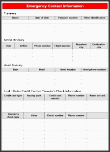 travel itinerary with emergency contact list template sample