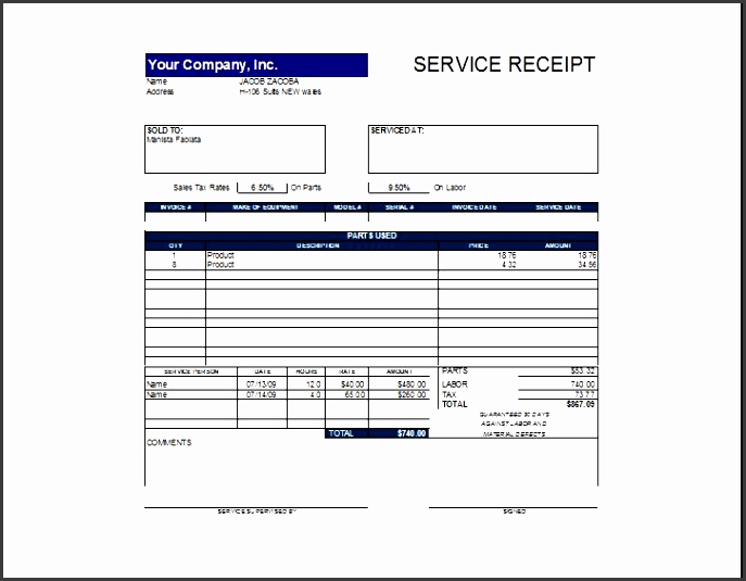 simple and easy to use service receipt template sample for customer a part of under business