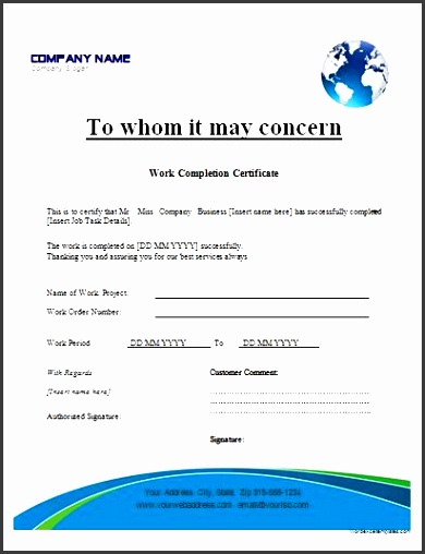 work pletion certificate