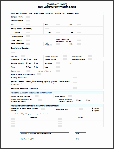new customer information sheet template