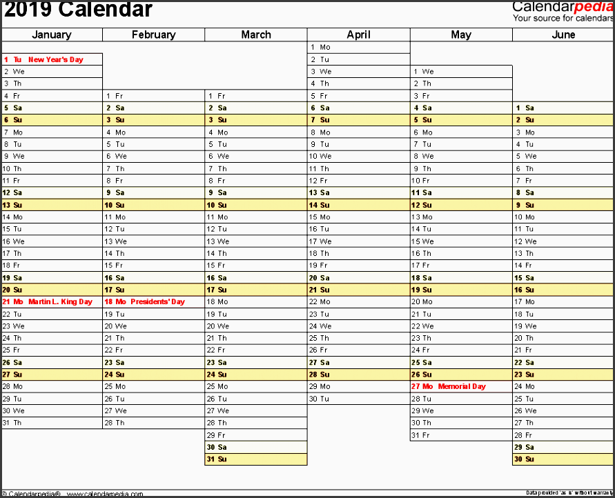 template 6 2019 calendar for excel months horizontally 2 pages days of