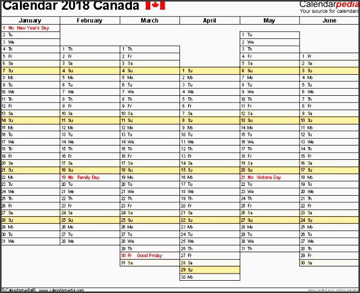 template 6 2018 calendar canada for excel months horizontally 2 pages days