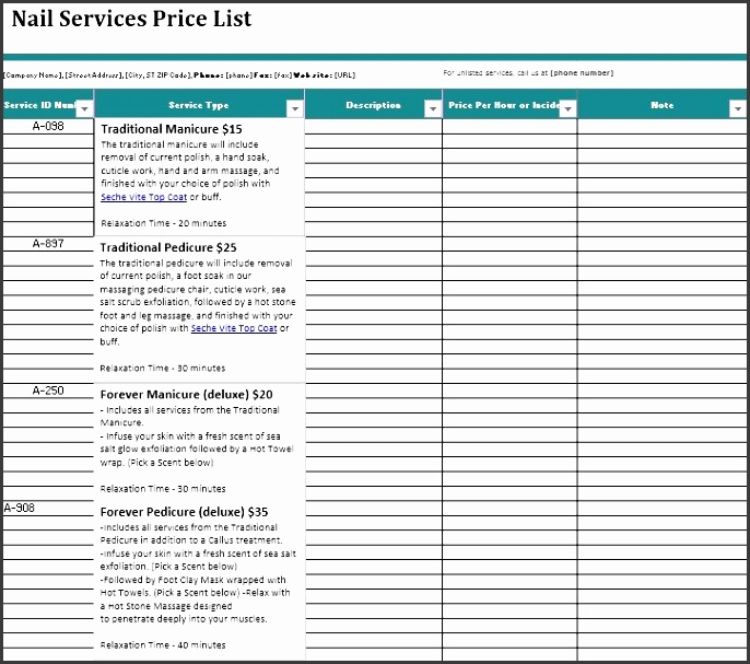 here is preview of another sample nail services salon price list template created using ms excel