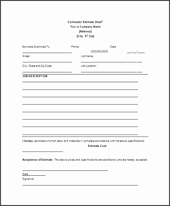 contractor blank estimate sheet template free