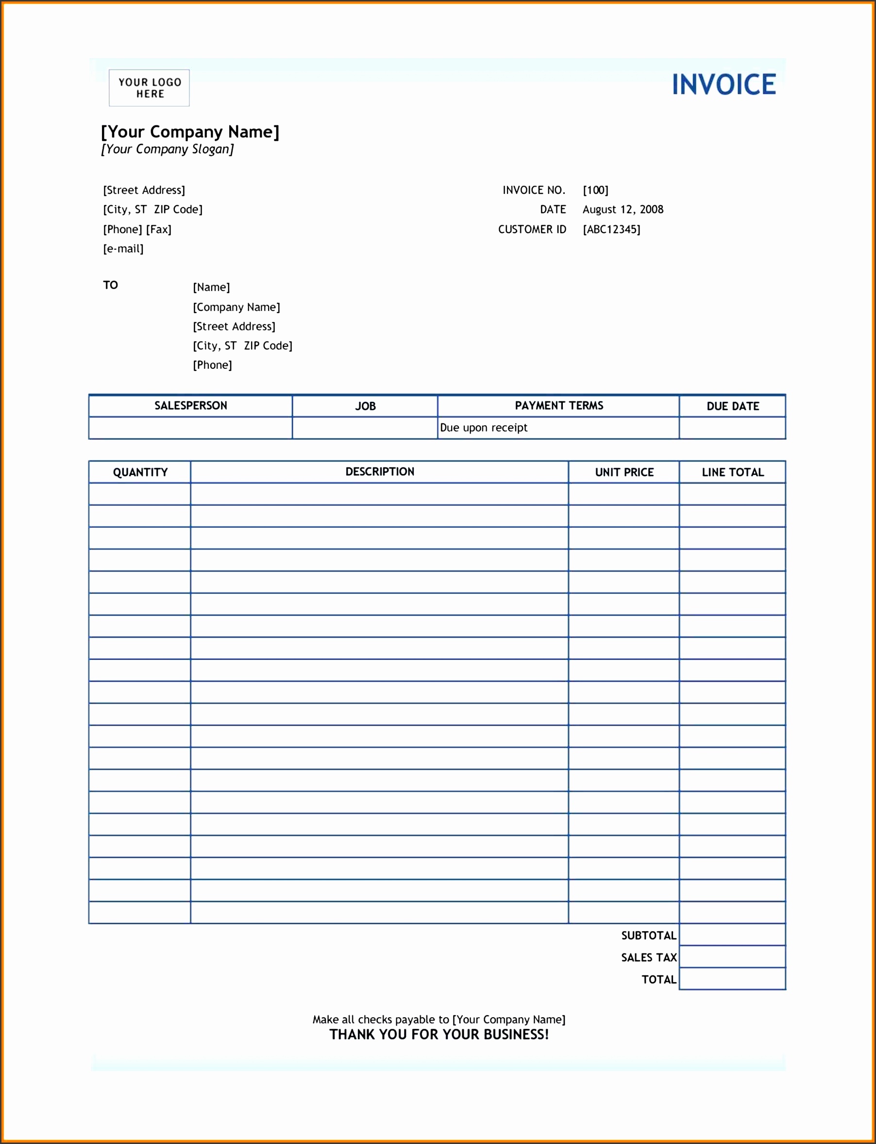 contractor invoice template xls