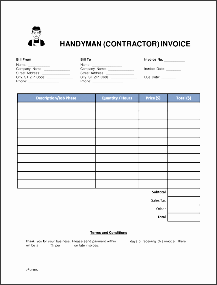 free handyman contractor invoice template word pdf eforms free fillable forms