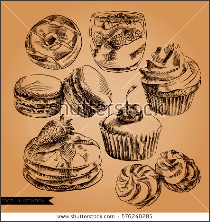 set of hand drawn desserts in vintage style donut cupcake pancakes marshmallow