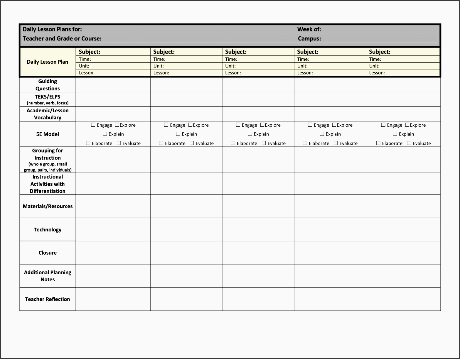 elementary daily lesson plan template