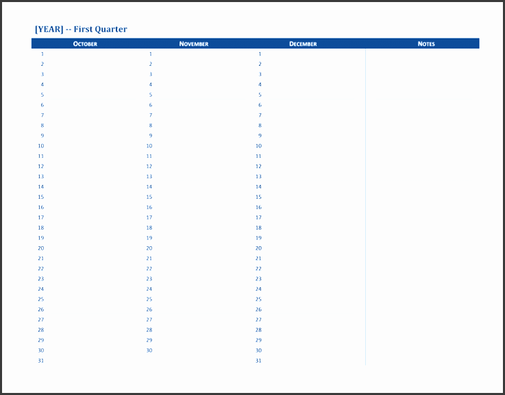 fiscal year calendar with room for notes