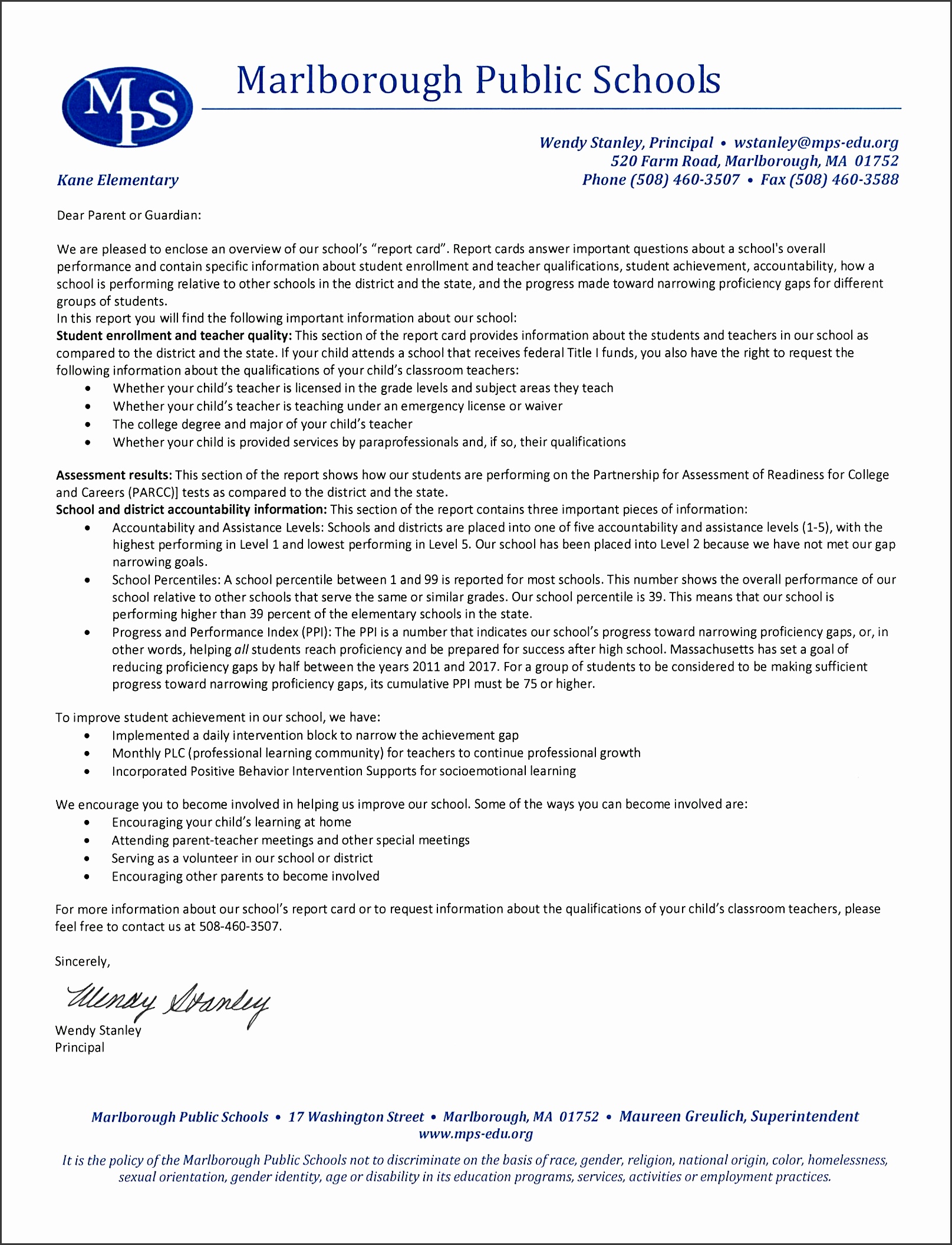 letter from kane principal stanley