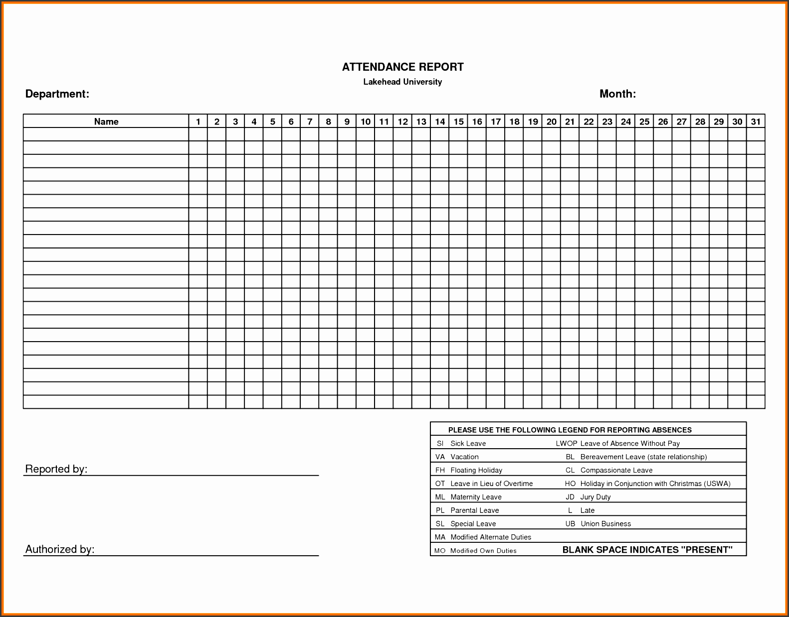 monthly based university attendance form and sheet sample