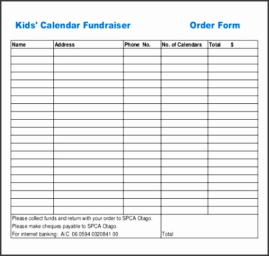 example kids calendar fundraiser order form