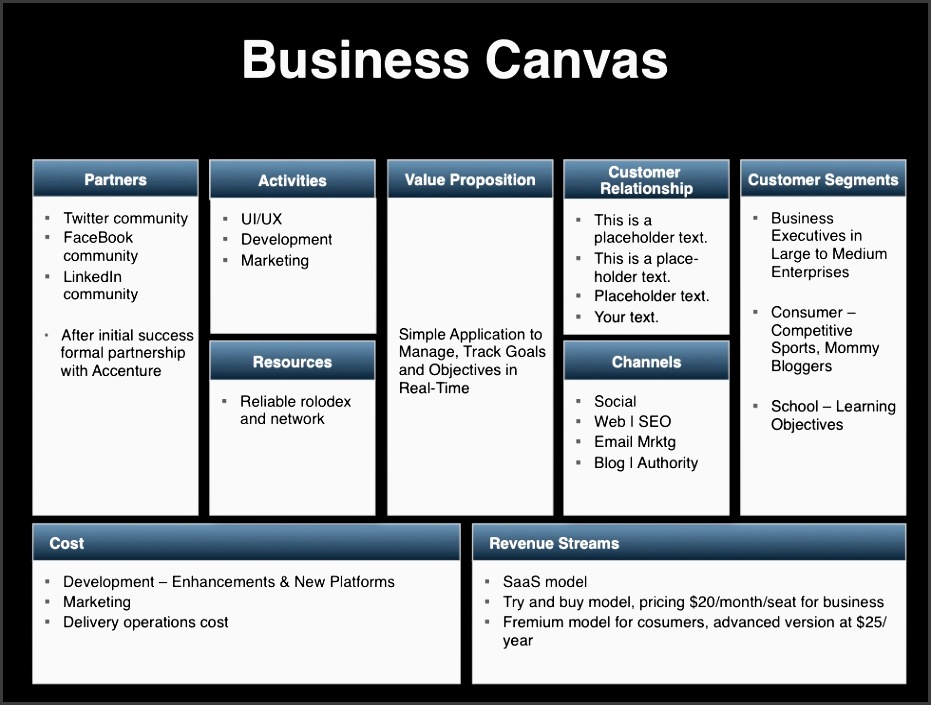 the image illustrates the business canvas and is part of the investor presentation template