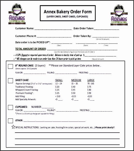 sample bakery order form free