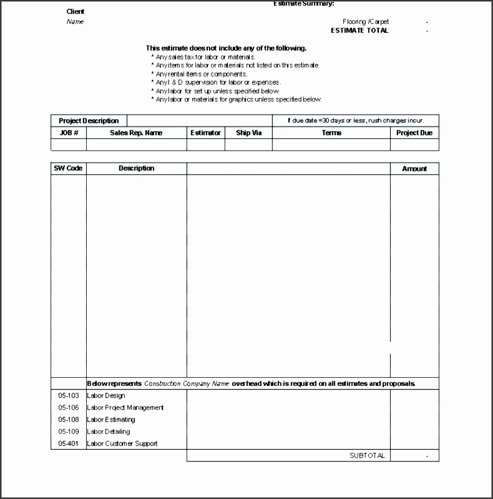blank contractor invoice template for contractor estimate template excel