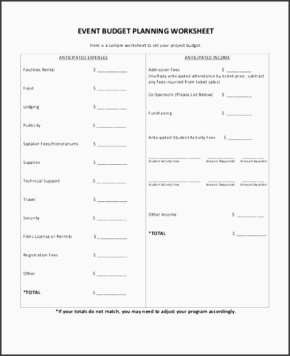 event bud planning worksheet