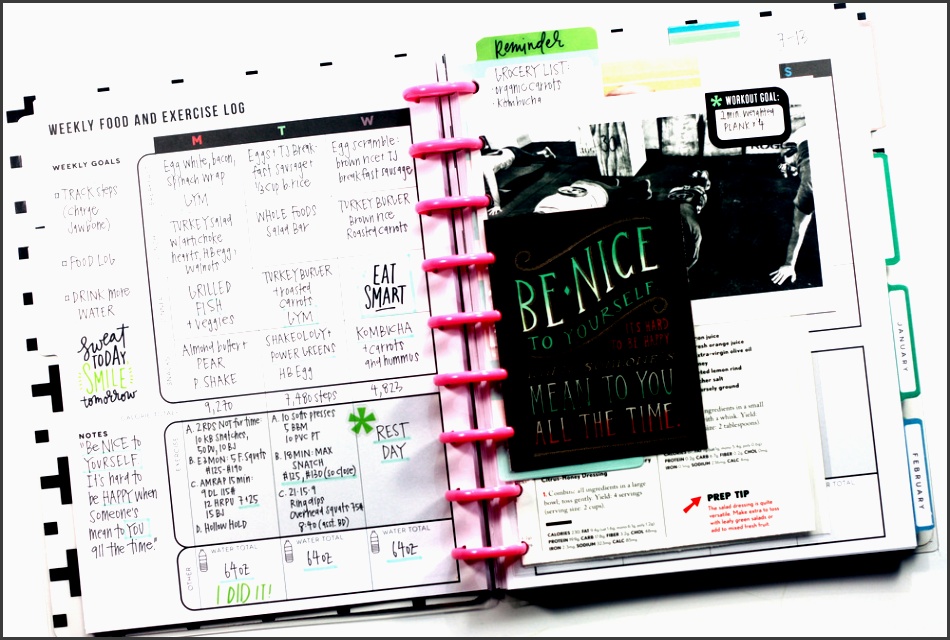 weekly food exercise log added inspirational elements in the fitness planner of mambi design