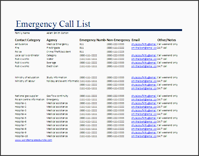 emergency call list template
