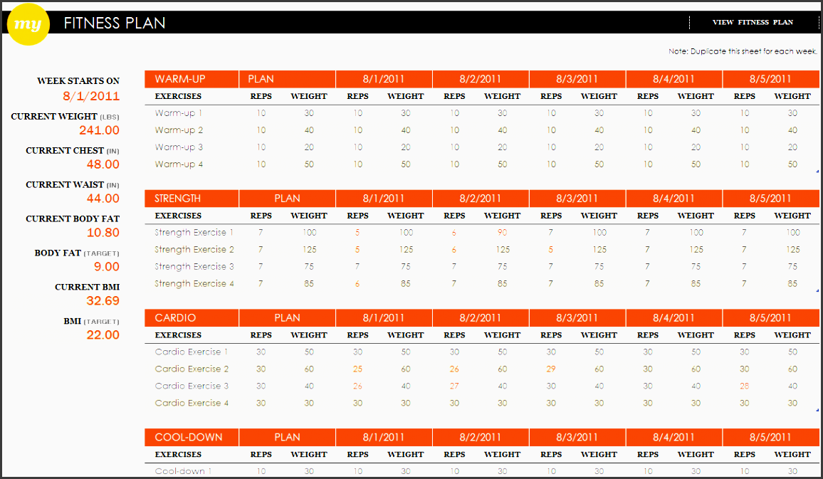 fitness plan excel template