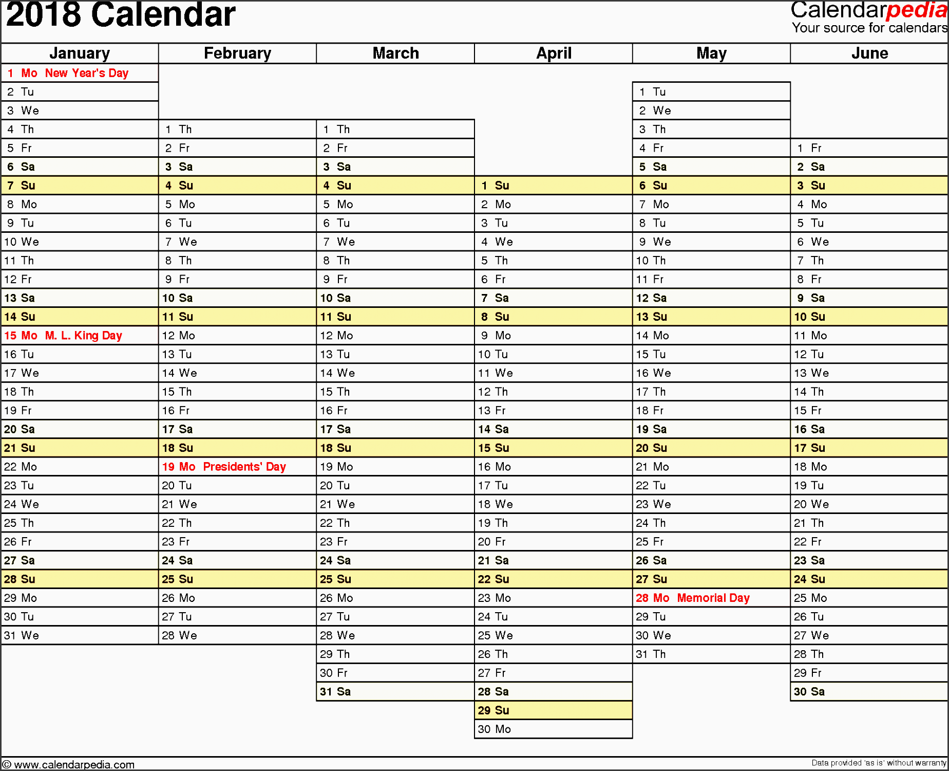 template 6 2018 calendar for excel months horizontally 2 pages days of