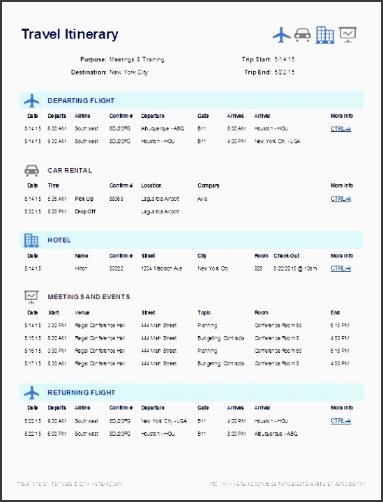 create a one page summary of your travel plans using this itinerary template from