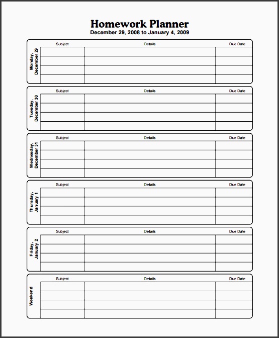 homework planner template