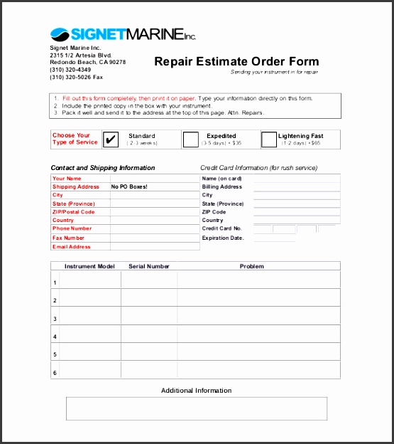 repair estimate order form template free