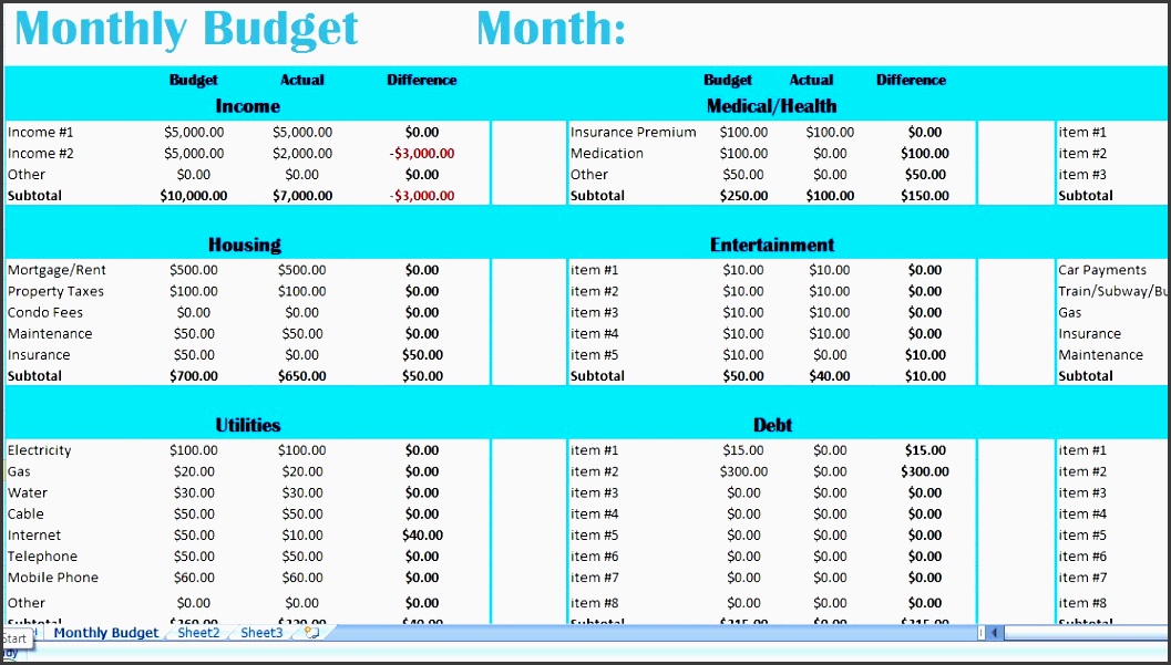 monthly bud excel template