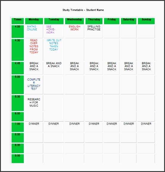 editable homework study timetable schedule template word format
