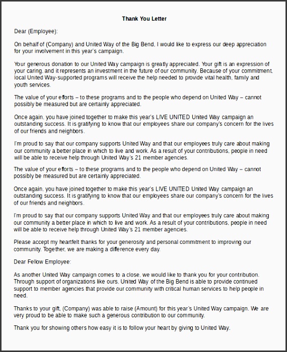 thank you letter to employee for t example