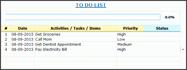 excel to do list template drop down