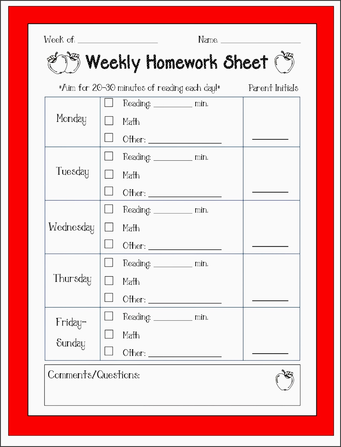 this is a free weekly homework sheet template to help keep track of students daily homework and reading assignments