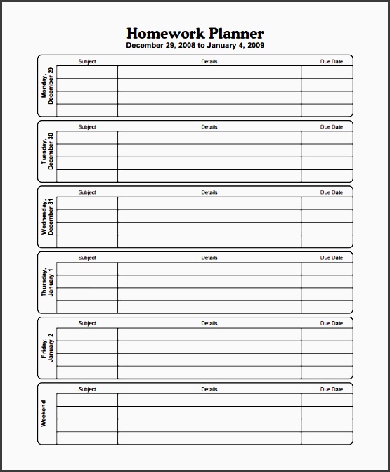 printable five day homework schedule template pdf