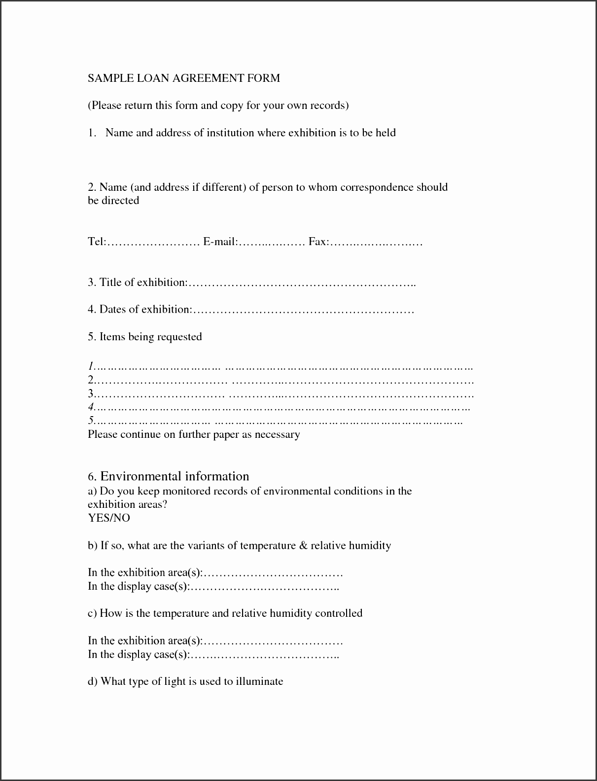 printable sample loan contract template form