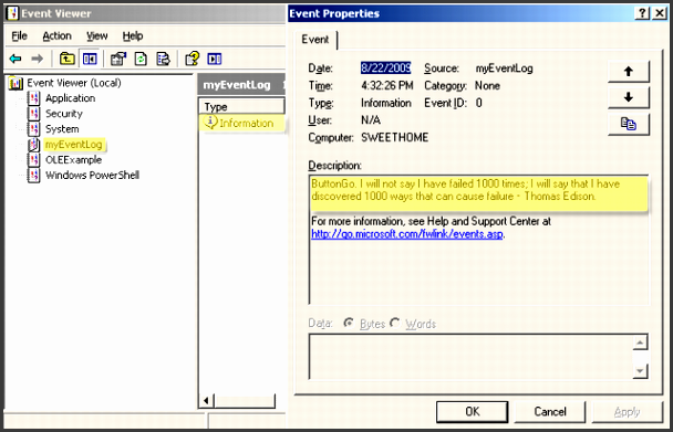how to create a windows event log and write your custom message as hrhws event