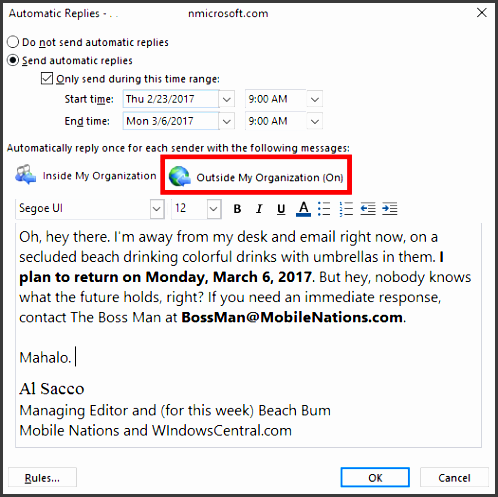 if you also want to send out of office automatic replies for every message you receive while you re away including newsletters spam and everything else