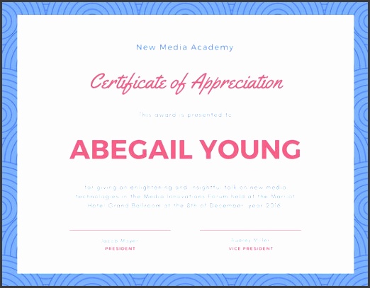 blue pattern appreciation certificate