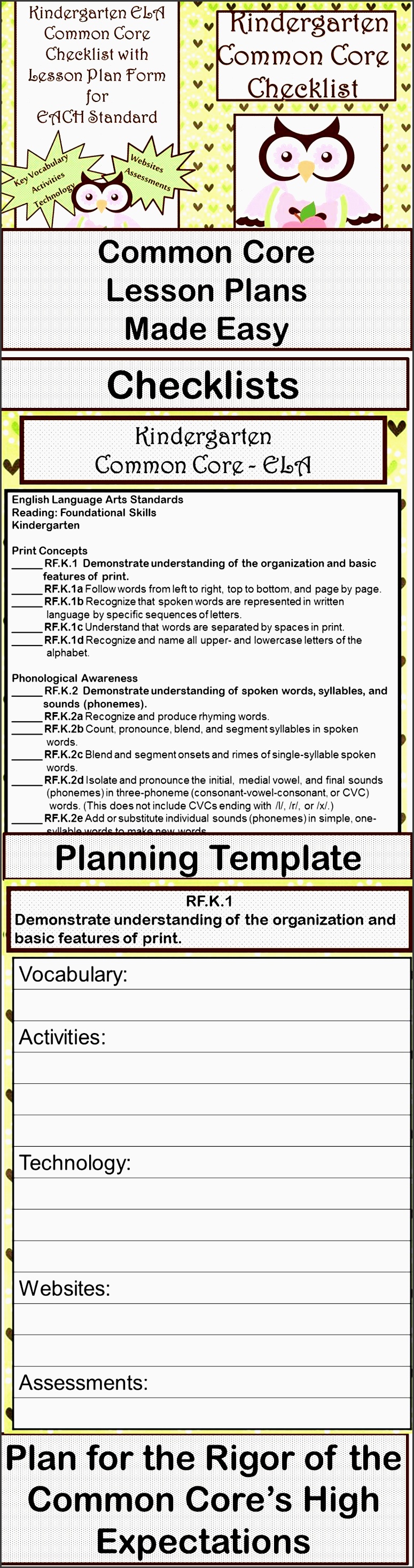 kindergarten ela mon core checklist lesson planning form