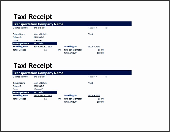 ms excel taxi receipt template