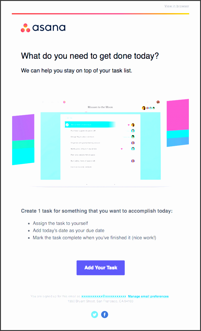 with this b2b email they introduce their clients to the asana s workflow and invite them to start a new project today