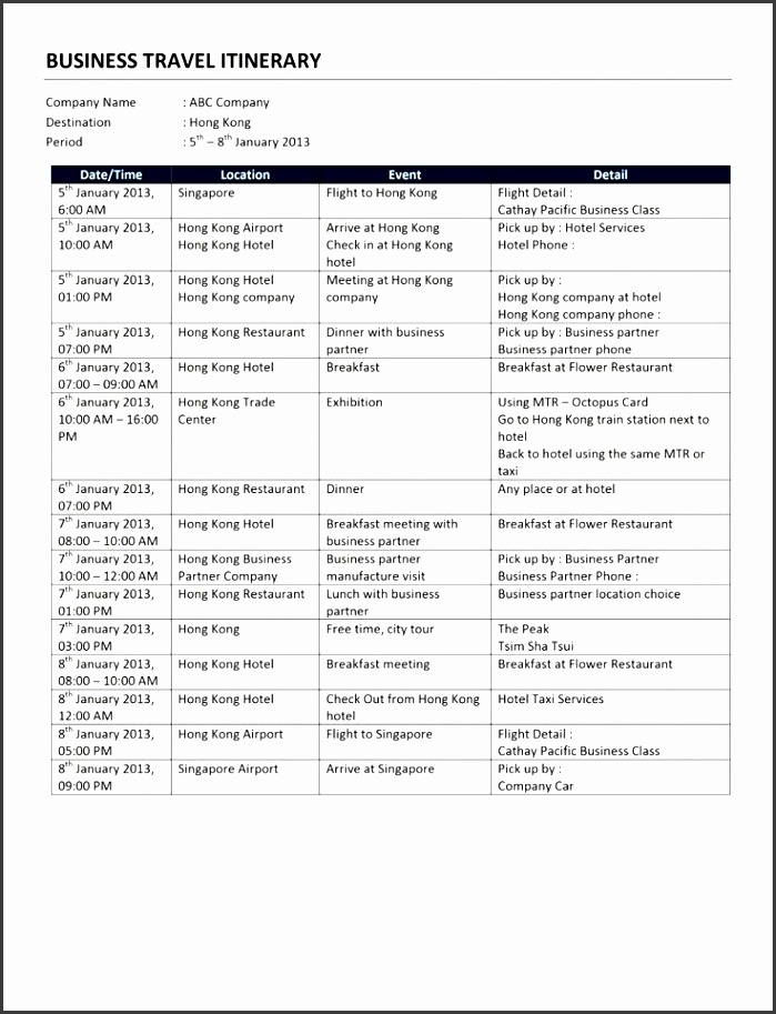 travel itinerary templates word