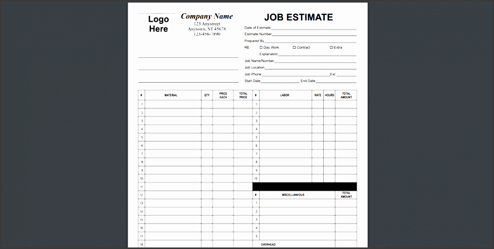 template trove job estimate template